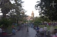 The 9 de Julio square in Cafayate full of people, Salta, Argentina